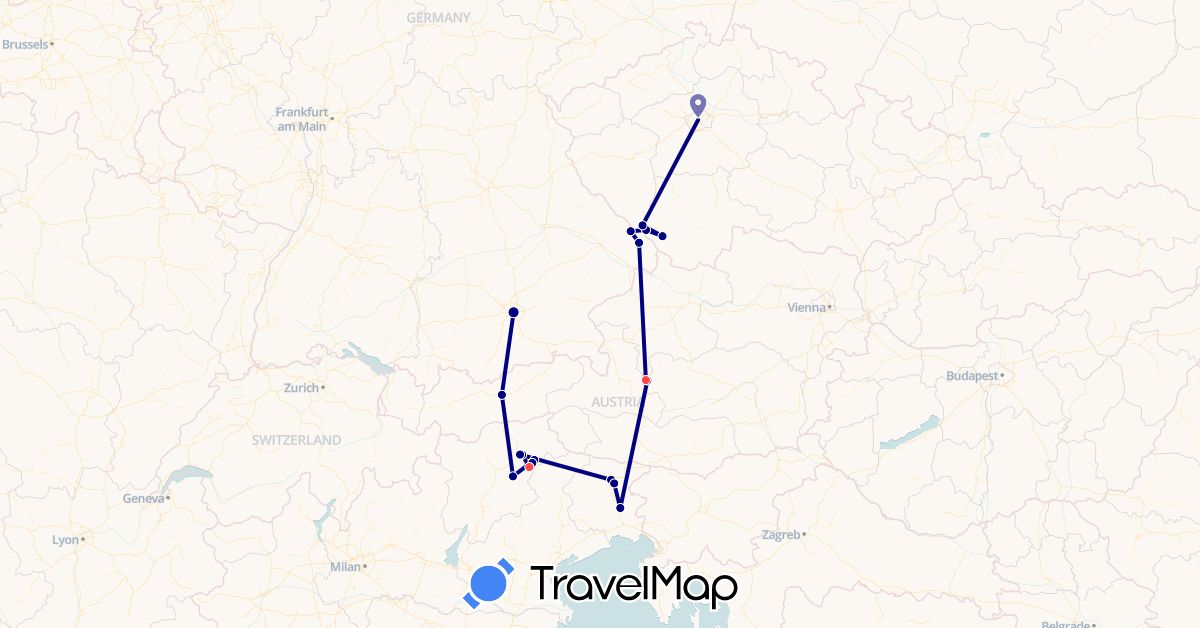 TravelMap itinerary: driving, plane, hiking in Austria, Czech Republic, Germany, Italy (Europe)